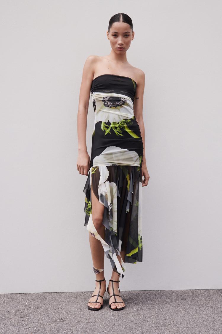 PRINTED STRAPLESS TULLE DRESS