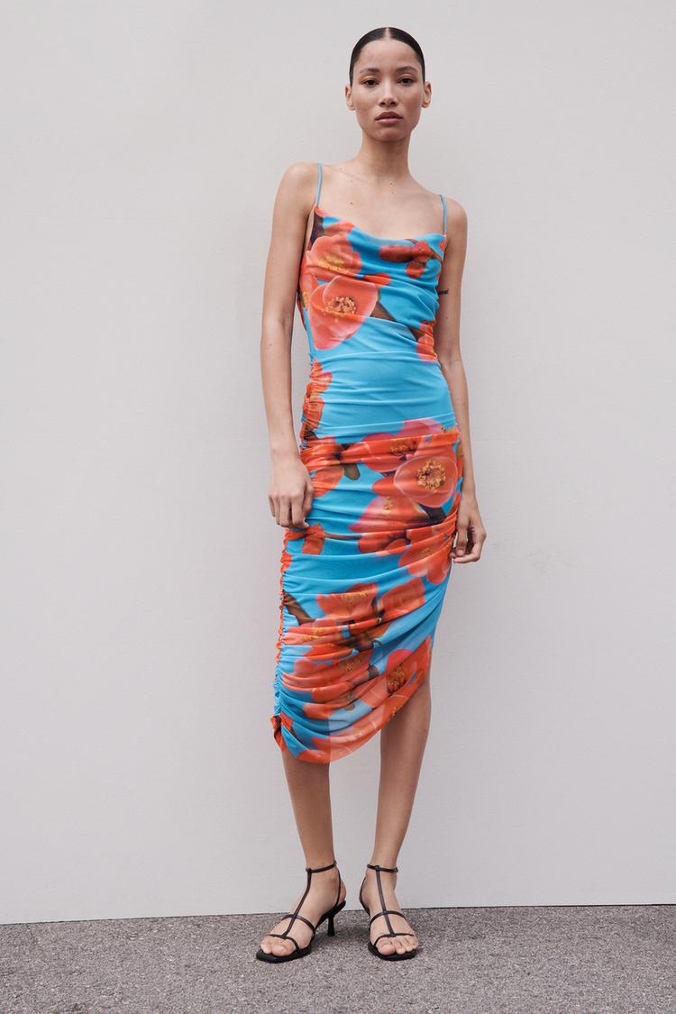 PRINTED DRAPED TULLE DRESS