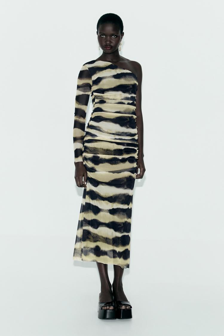 ASYMMETRIC PRINTED TULLE DRESS