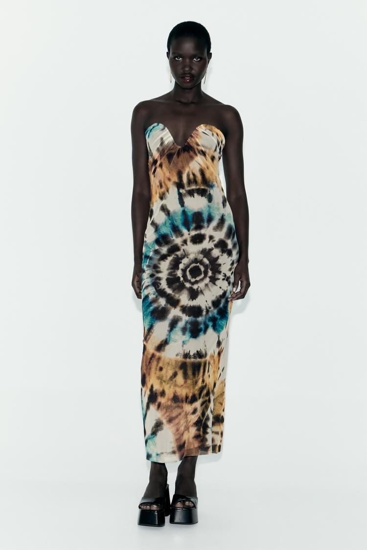 PRINTED STRAPLESS TULLE DRESS