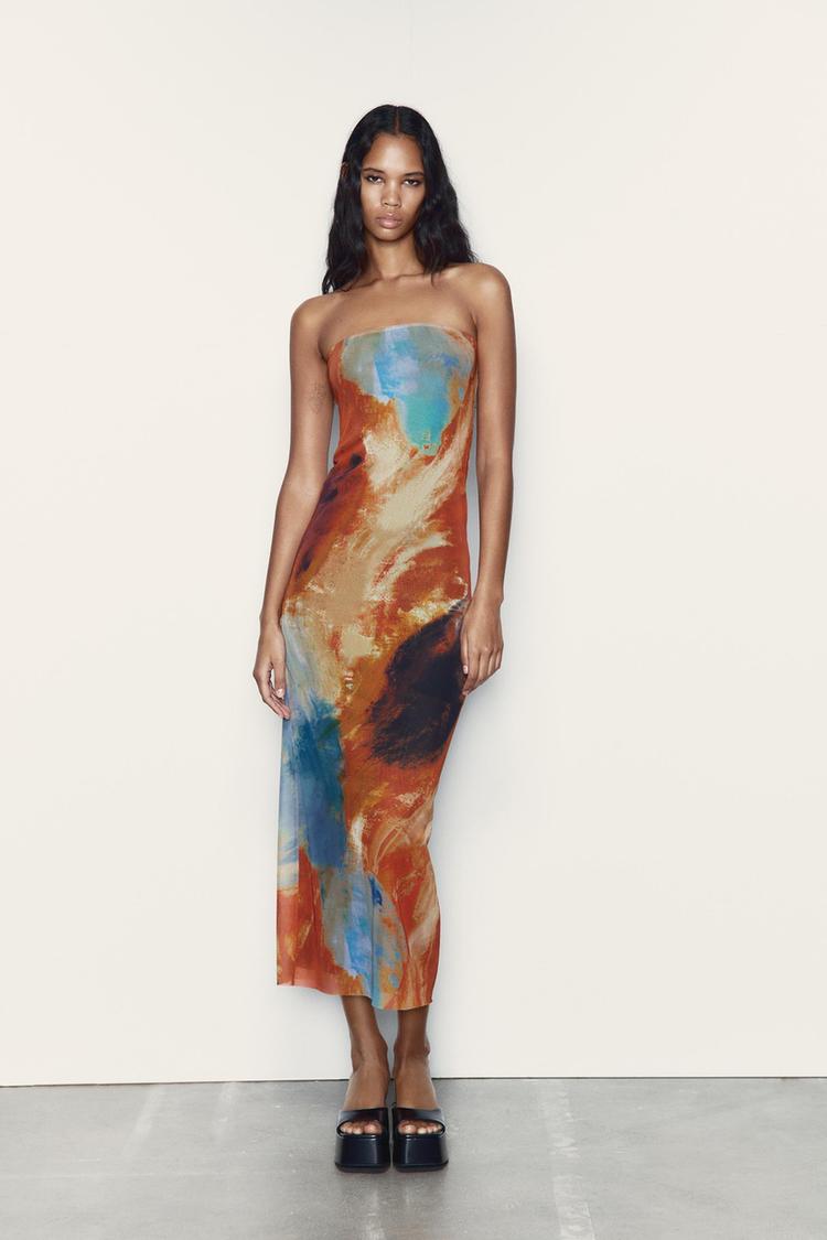 STRAPLESS PRINTED FITTED DRESS