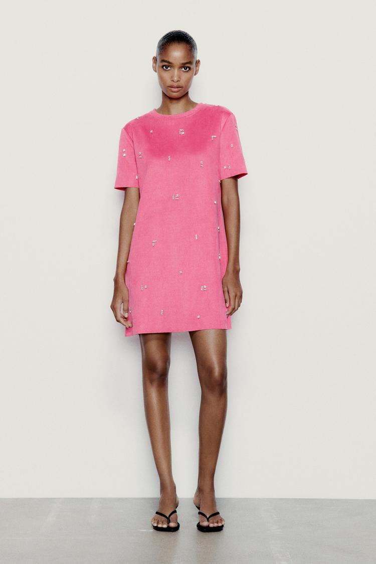 FAUX SUEDE DRESS WITH RHINESTONES