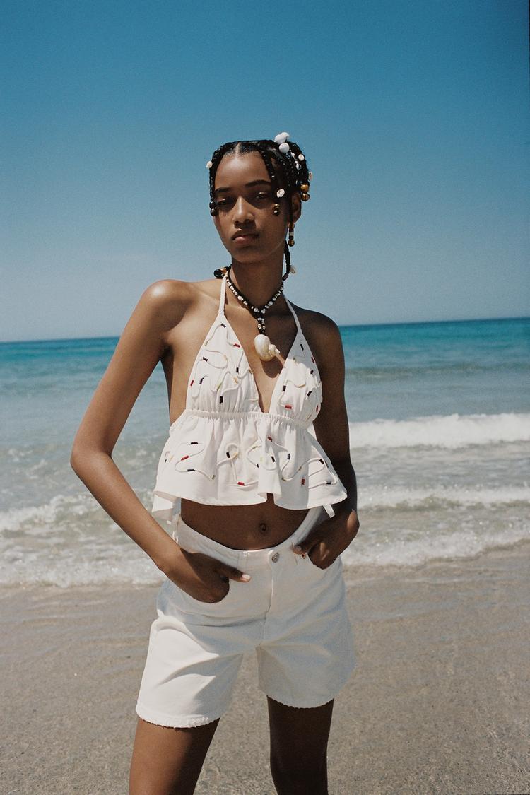 LINEN BLEND TOP WITH COLOURED EMBROIDERY