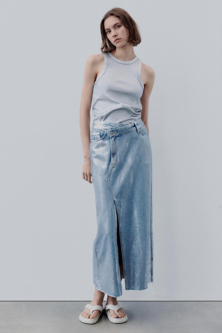 TRF ASYMMETRIC DENIM METALLIC SKIRT