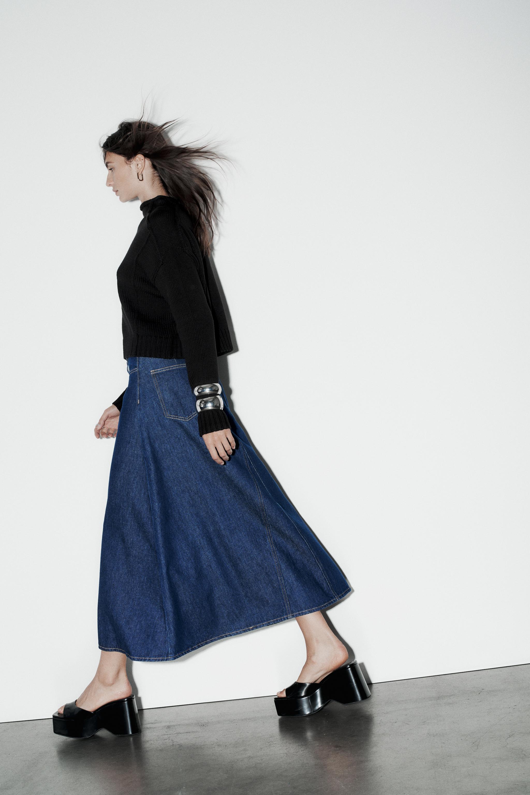 Black denim midi skirt zara hotsell