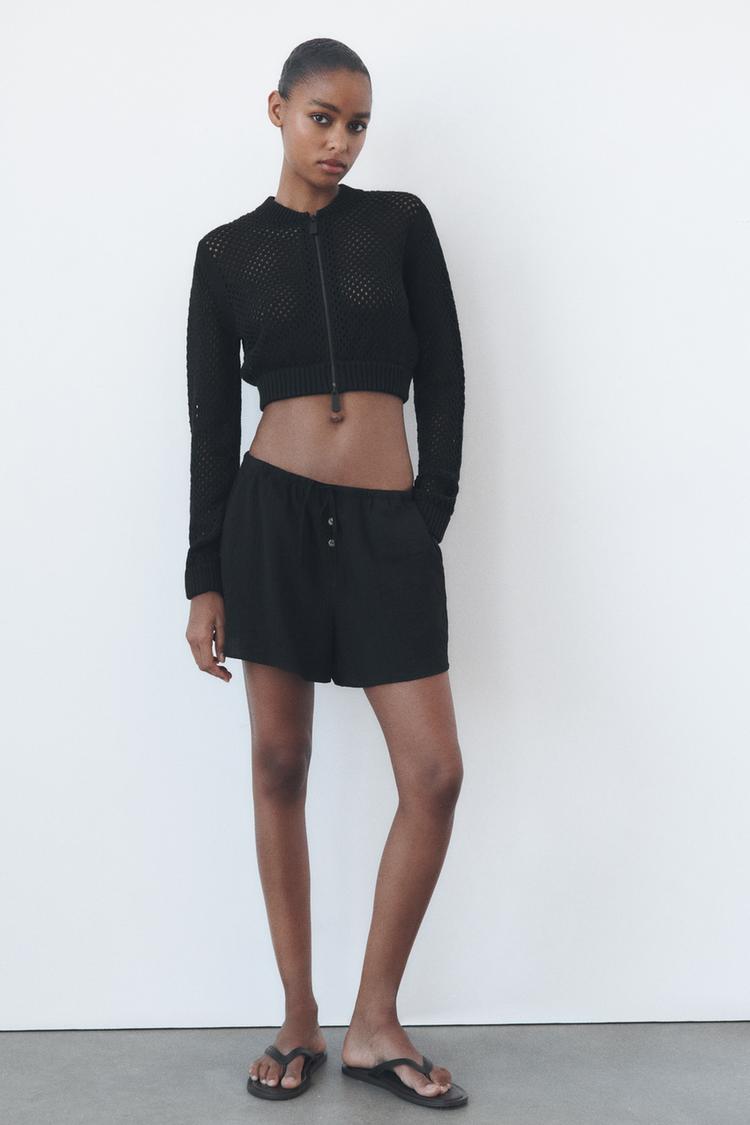 CROPPED KNIT CUTWORK BOMBER JACKET