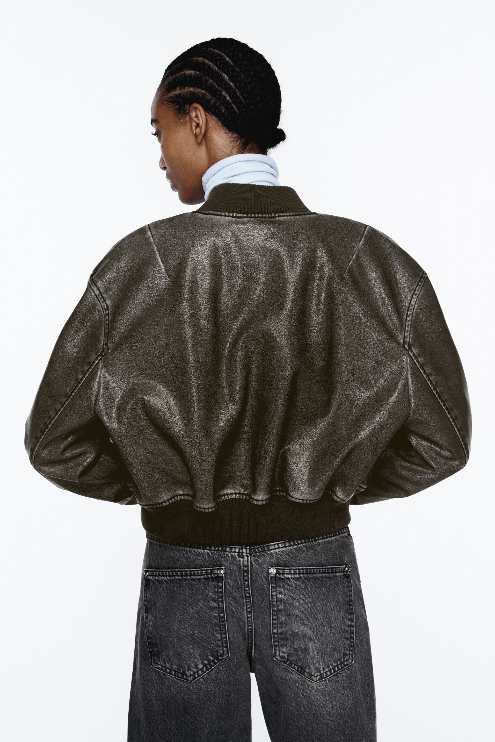 DISTRESSED FAUX LEATHER BOMBER JACKET
