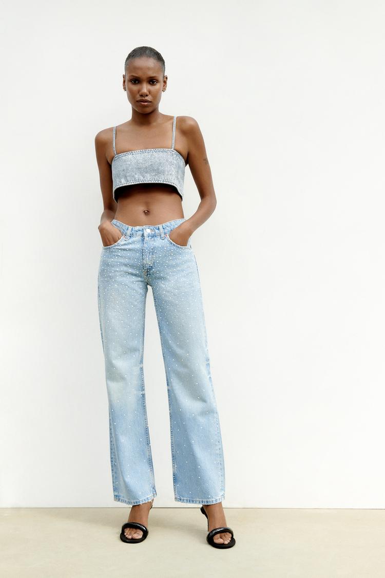 DENIM CROP TOP WITH RHINESTONES