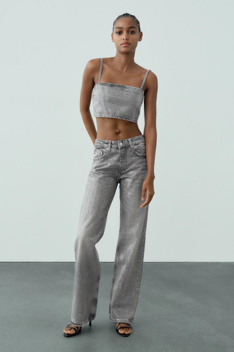 TRF DENIM CROP FOIL SEQUIN TOP