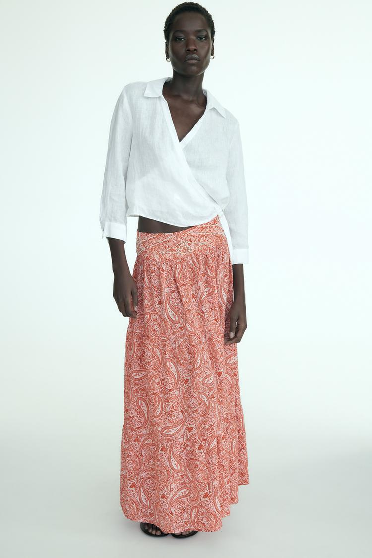 LONG PRINTED SKIRT WITH BEADING