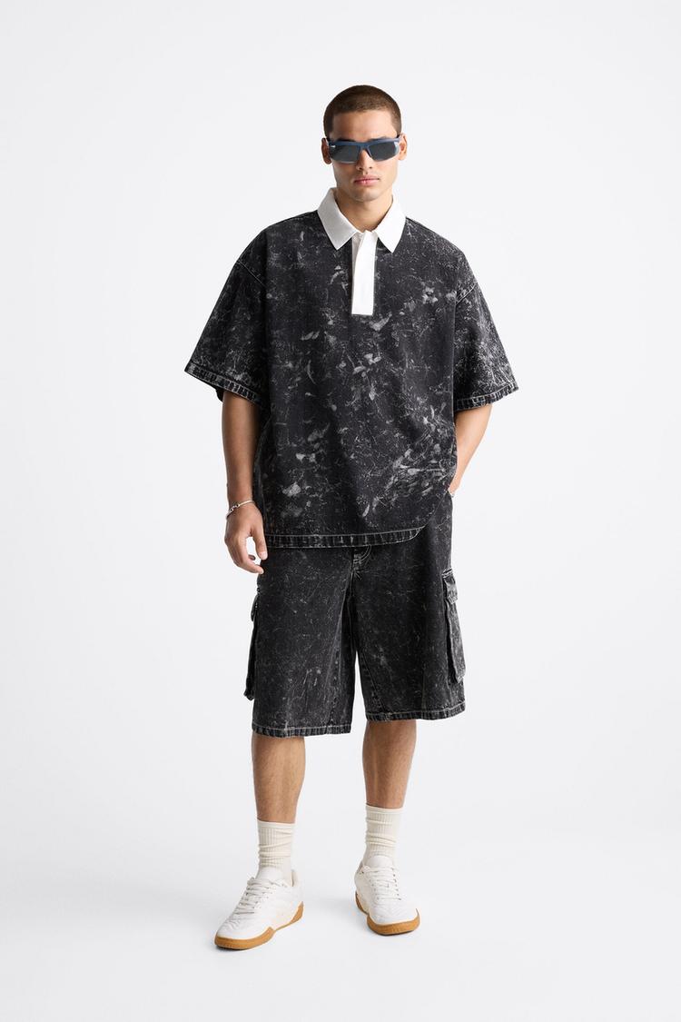 ACID WASH DENIM POLO SHIRT