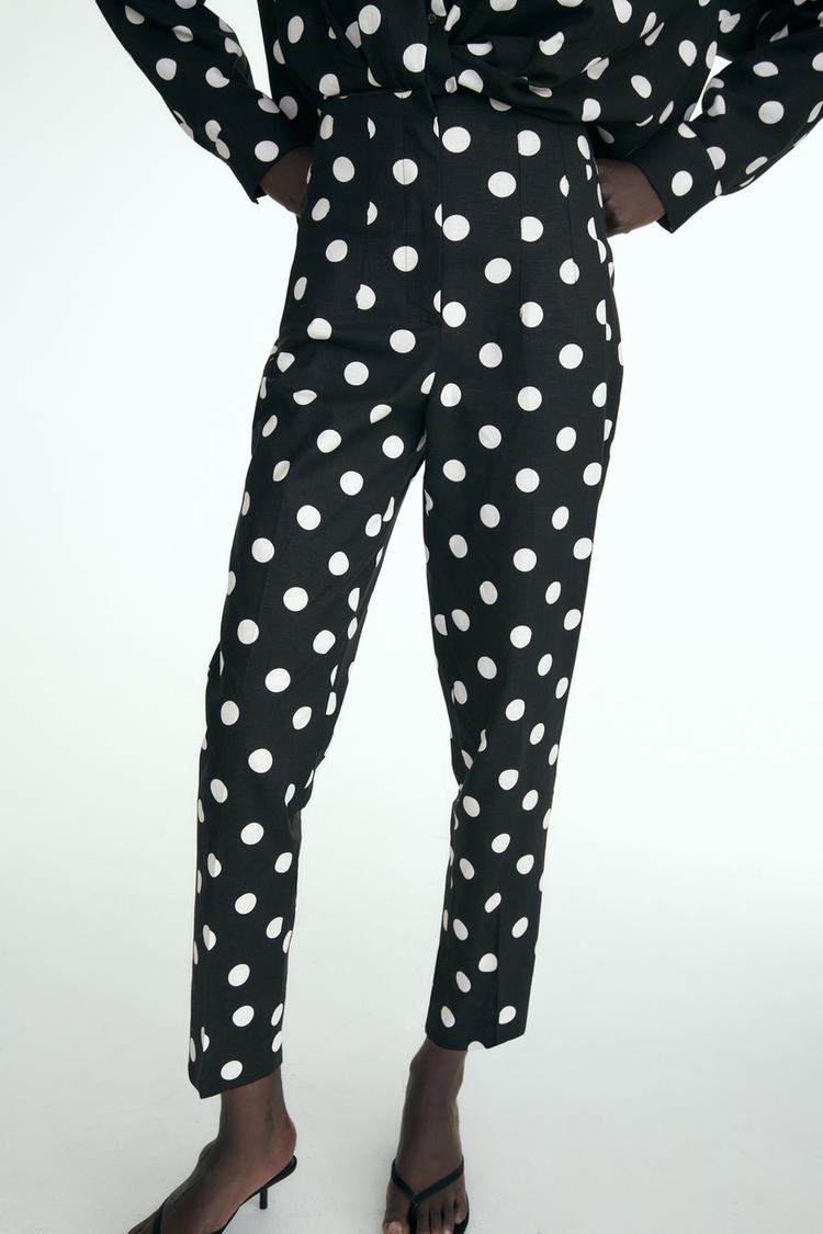 LINEN BLEND HIGH-WAIST POLKA DOT TROUSERS