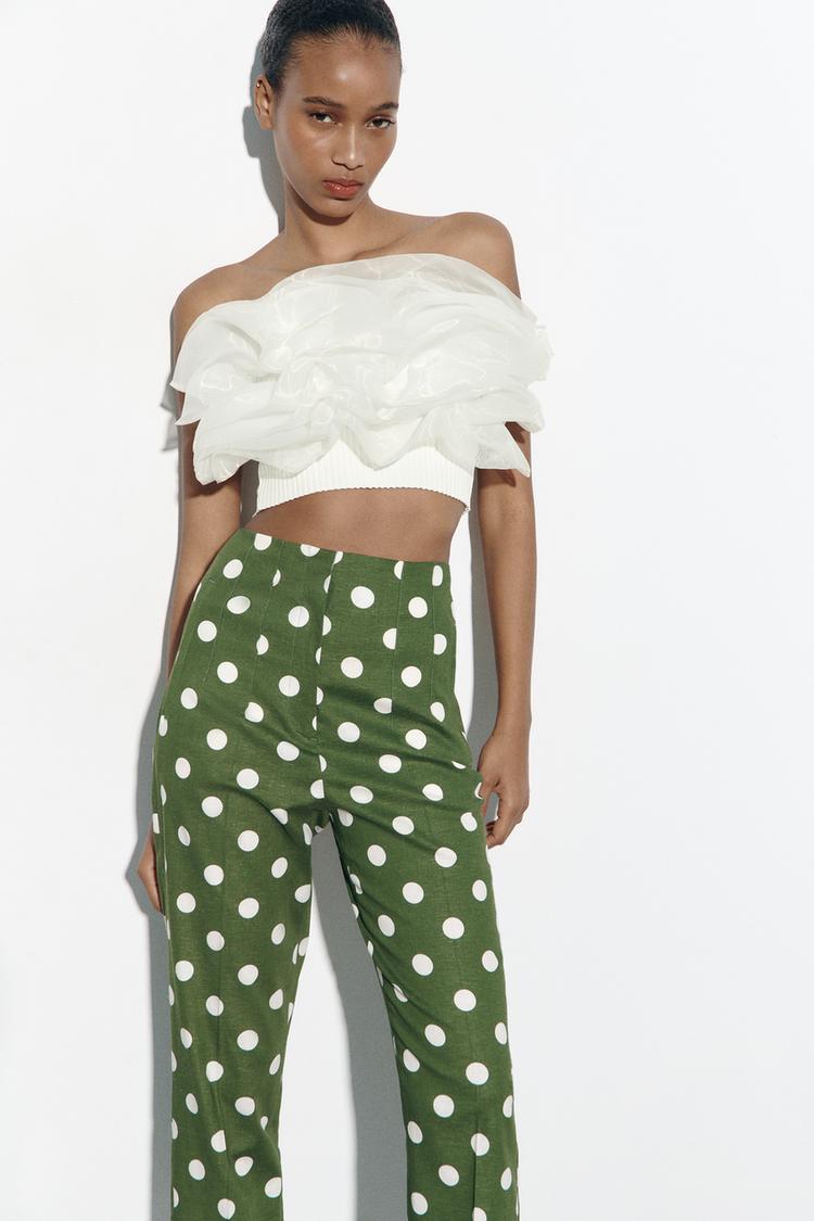 LINEN BLEND HIGH-WAIST POLKA DOT TROUSERS