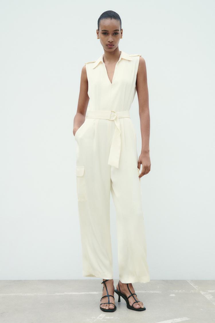 SATIN BELTED CARGO JUMPSUIT