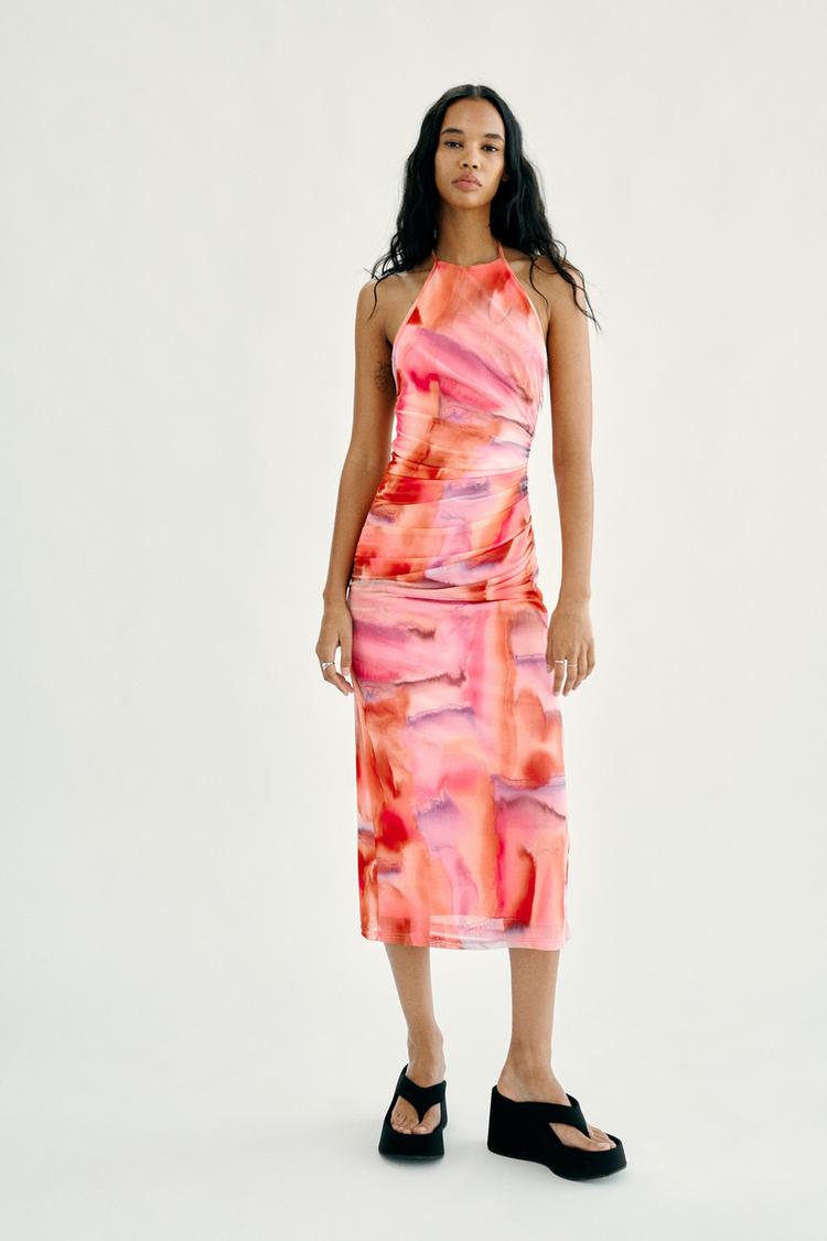 PRINTED TULLE MIDI DRESS