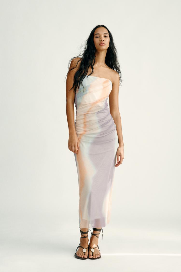 PRINTED STRAPLESS TULLE DRESS