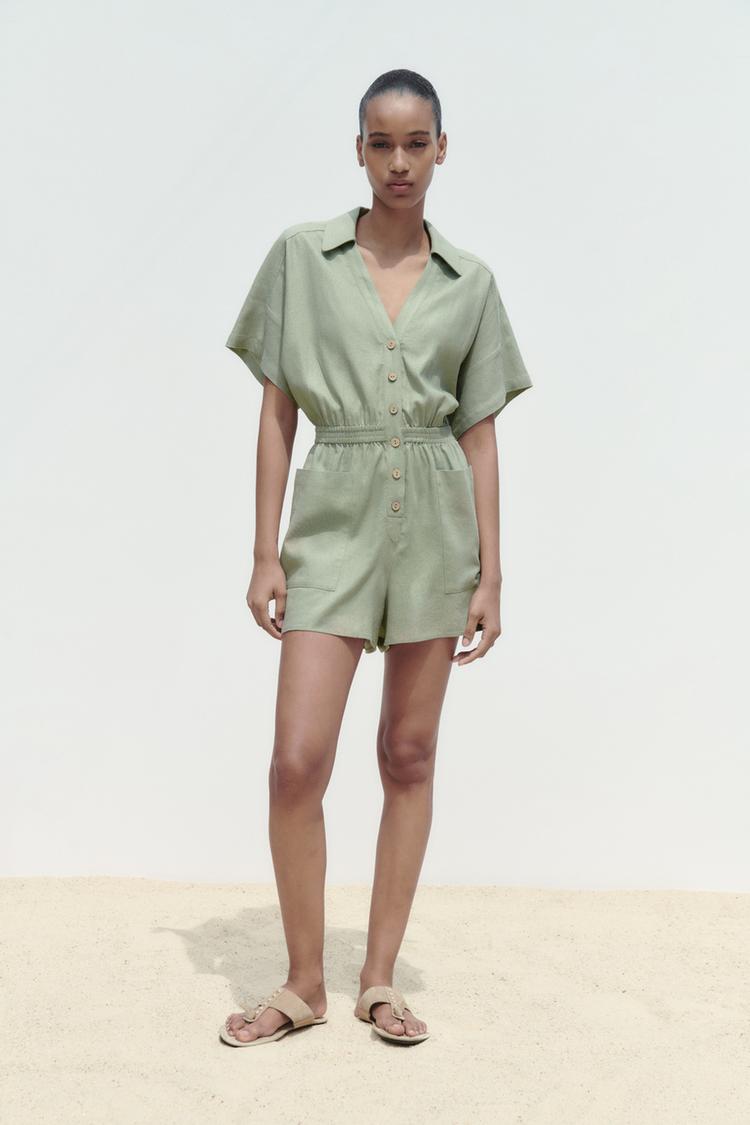LINEN-BLEND SHIRT-STYLE PLAYSUIT