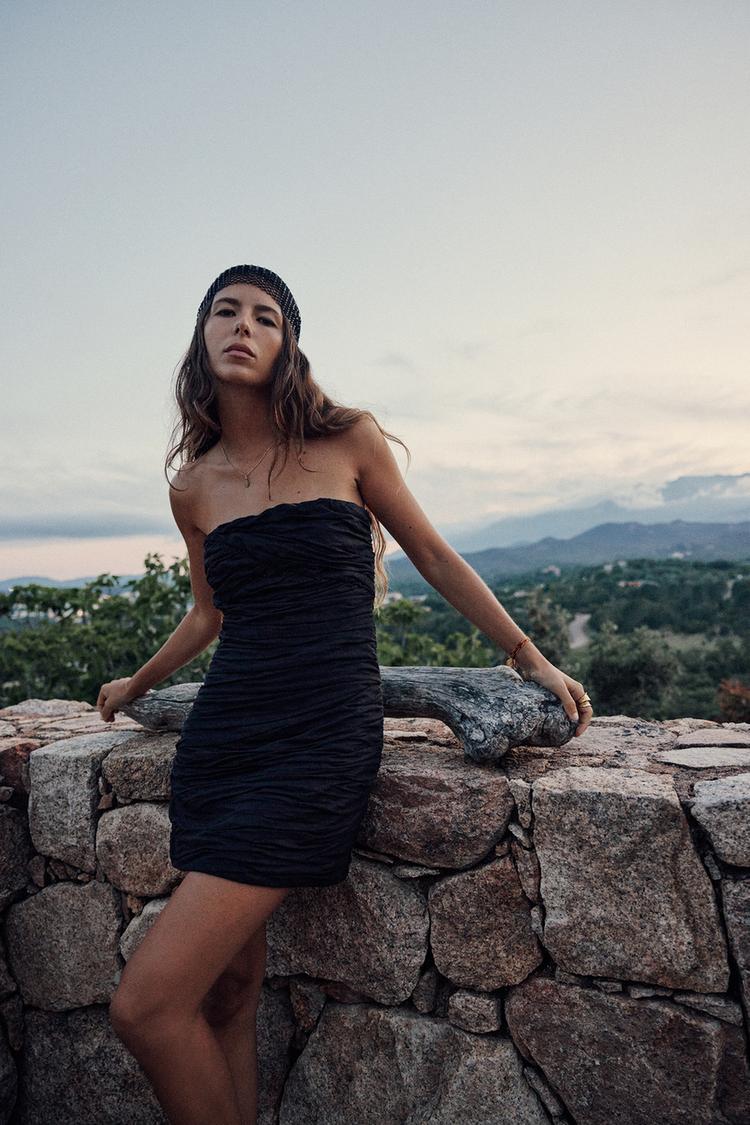 LINEN BLEND DRAPED MINI DRESS