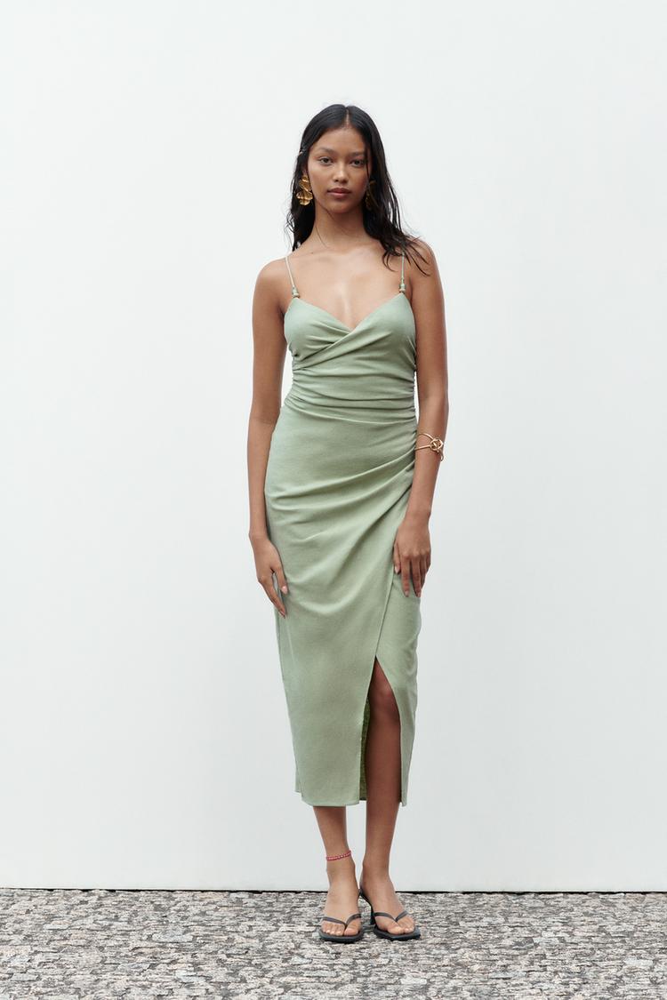 LINEN BLEND GATHERED MIDI DRESS