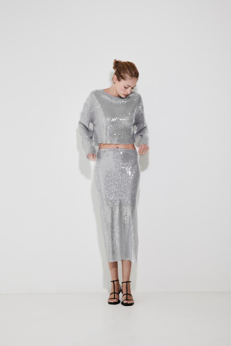 SEQUINNED MIDI SKIRT