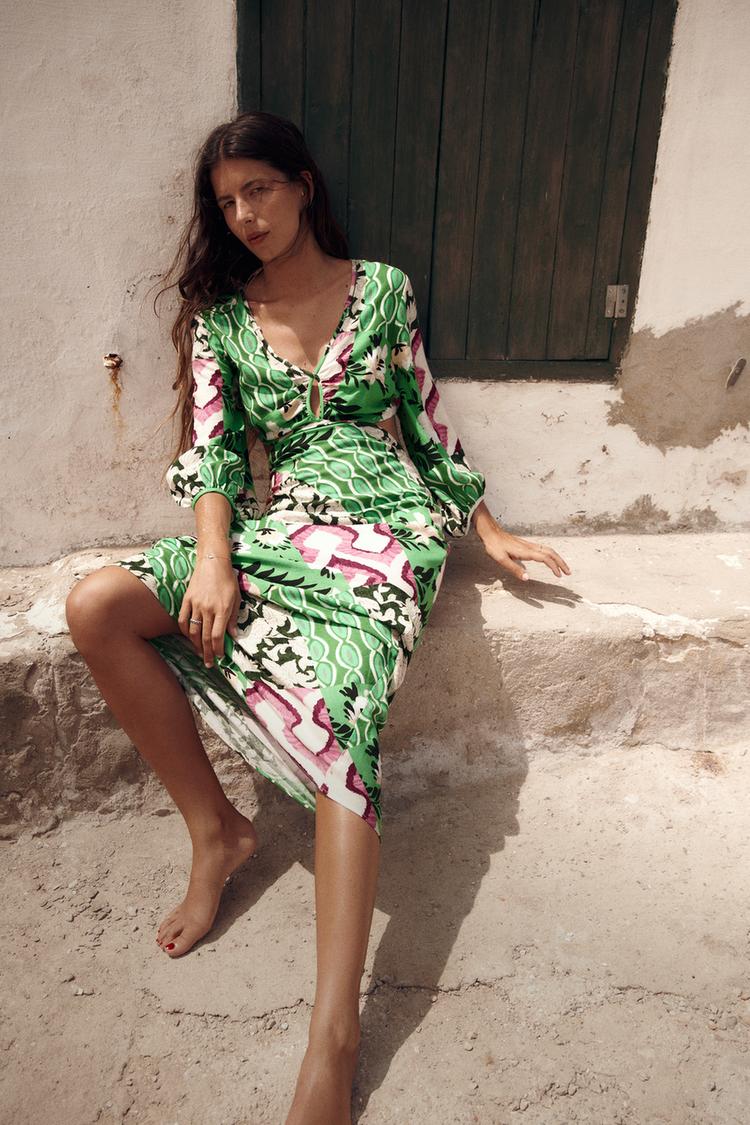 PRINTED LINEN BLEND MIDI DRESS