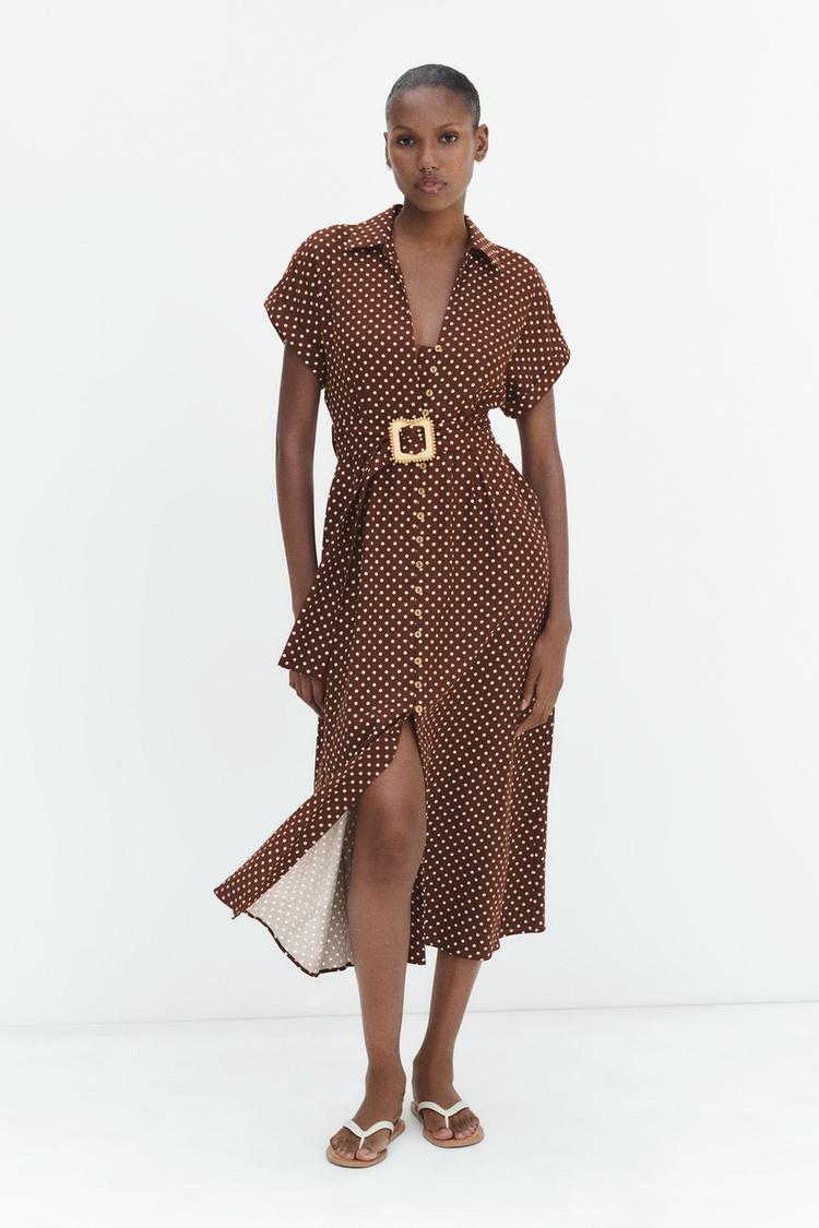 LINEN BLEND POLKA DOT MIDI DRESS