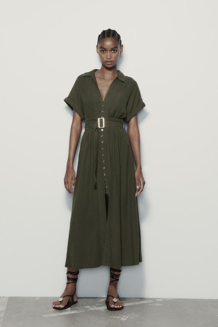 LINEN BLEND MIDI SHIRT DRESS