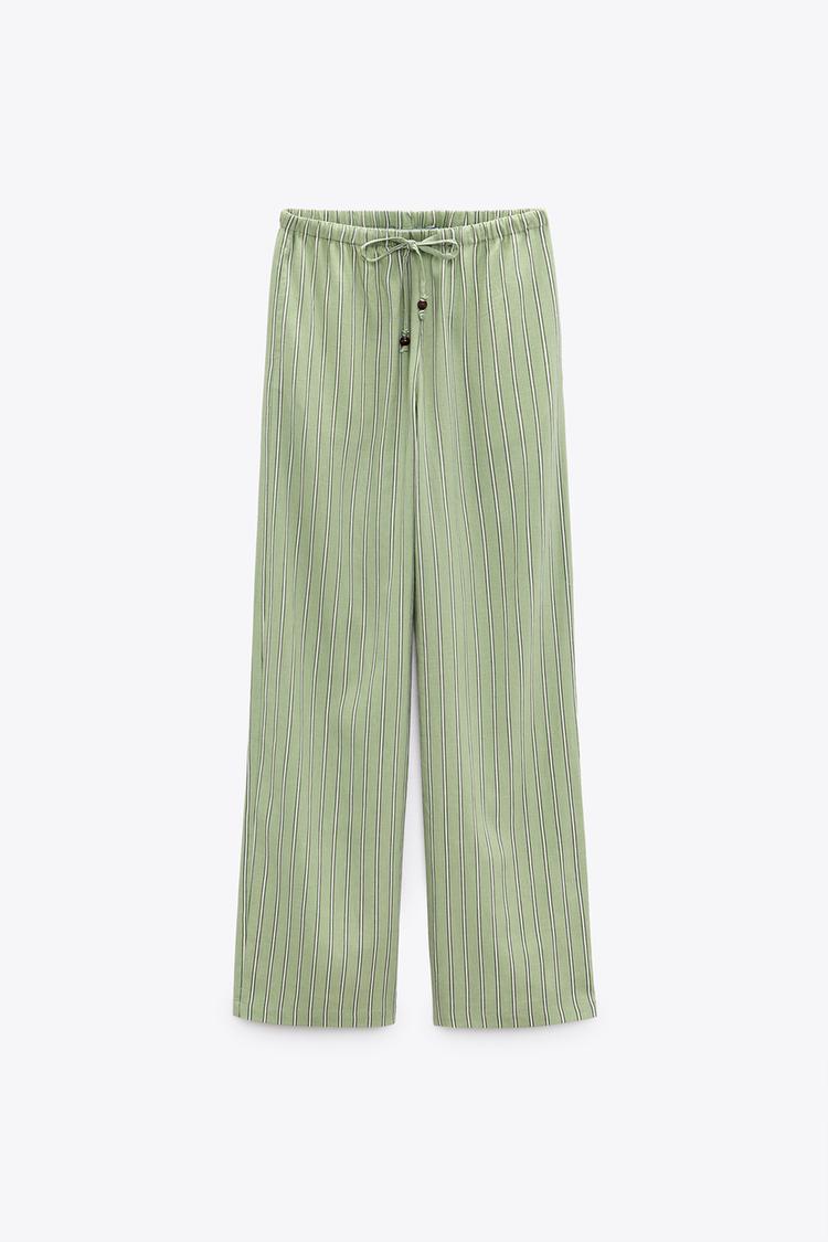 STRIPED LINEN-BLEND WIDE-LEG TROUSERS