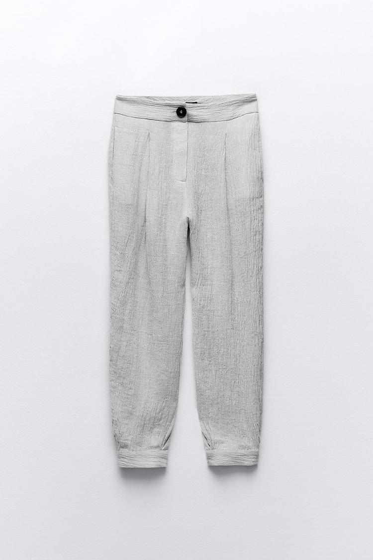 CREASED-EFFECT LINEN BLEND CARROT FIT TROUSERS
