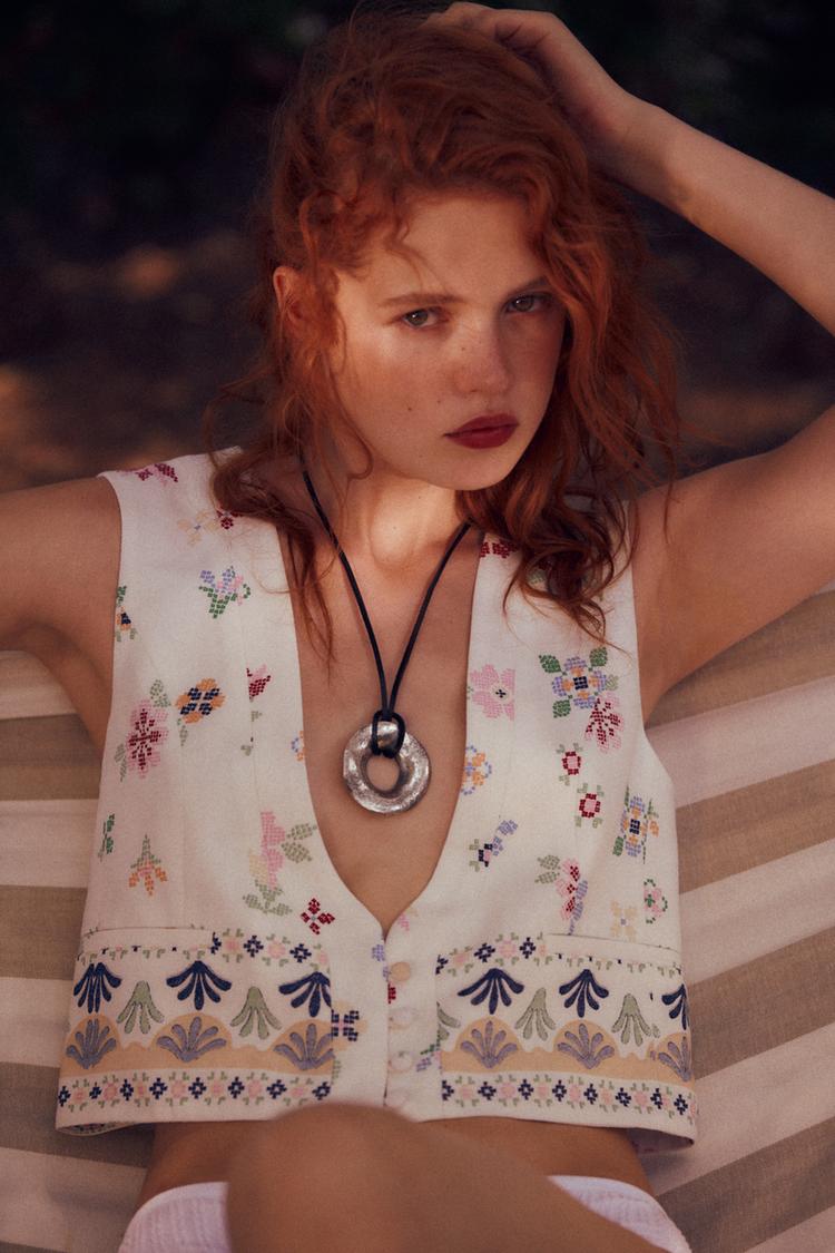 PRINTED LINEN BLEND WAISTCOAT