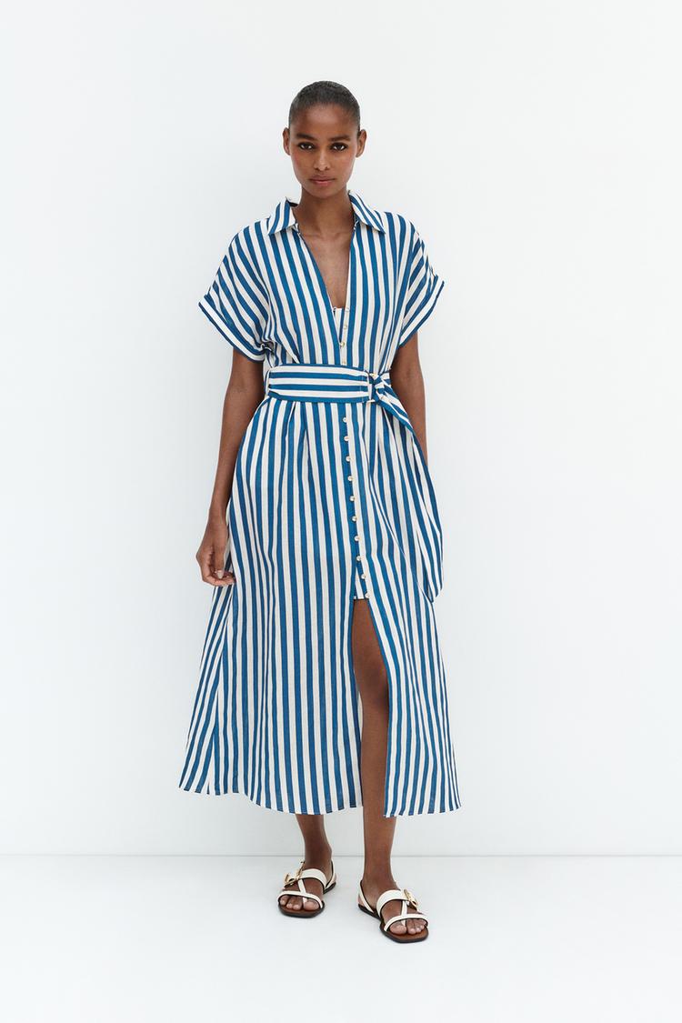 STRIPED LINEN BLEND SHIRT DRESS