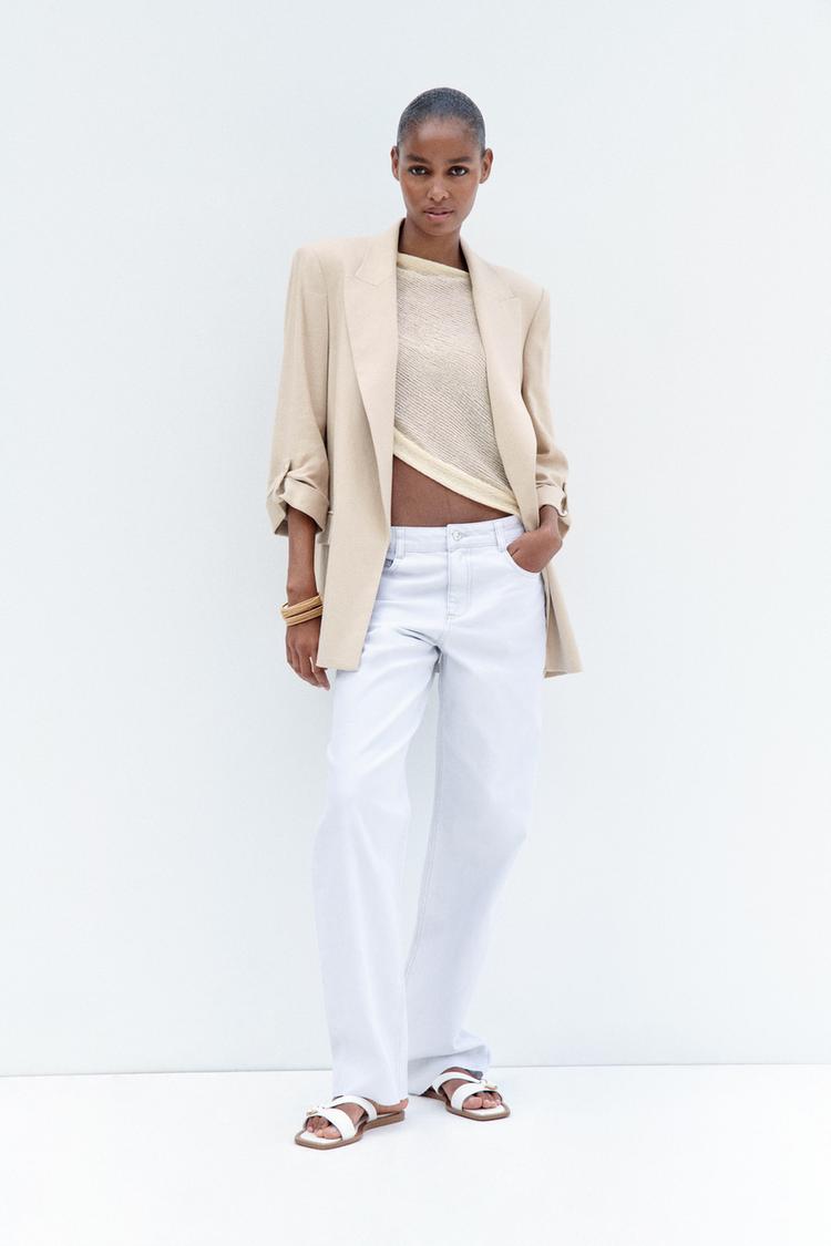 LINEN BLEND ROLL-UP SLEEVE OPEN BLAZER