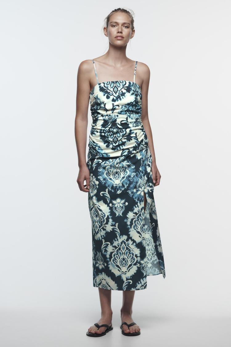 PRINTED MIDI SKIRT WITH GATHERED DETAIL