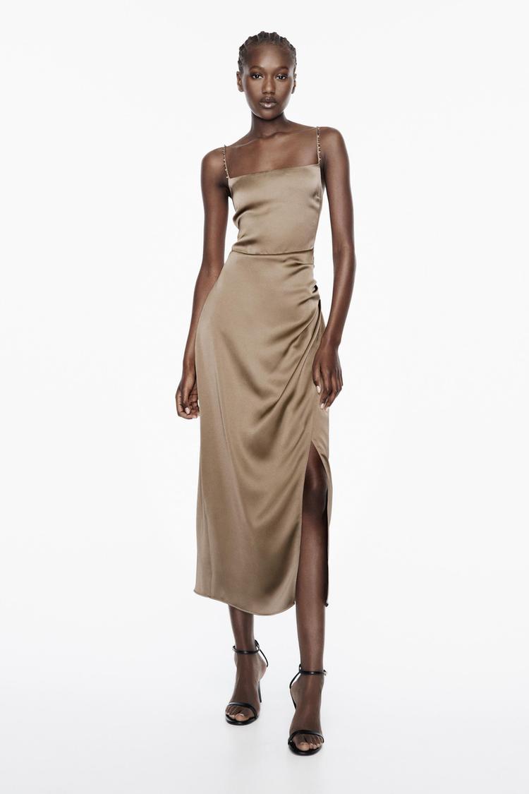 RHINESTONE STRAP SATIN EFFECT MIDI DRESS