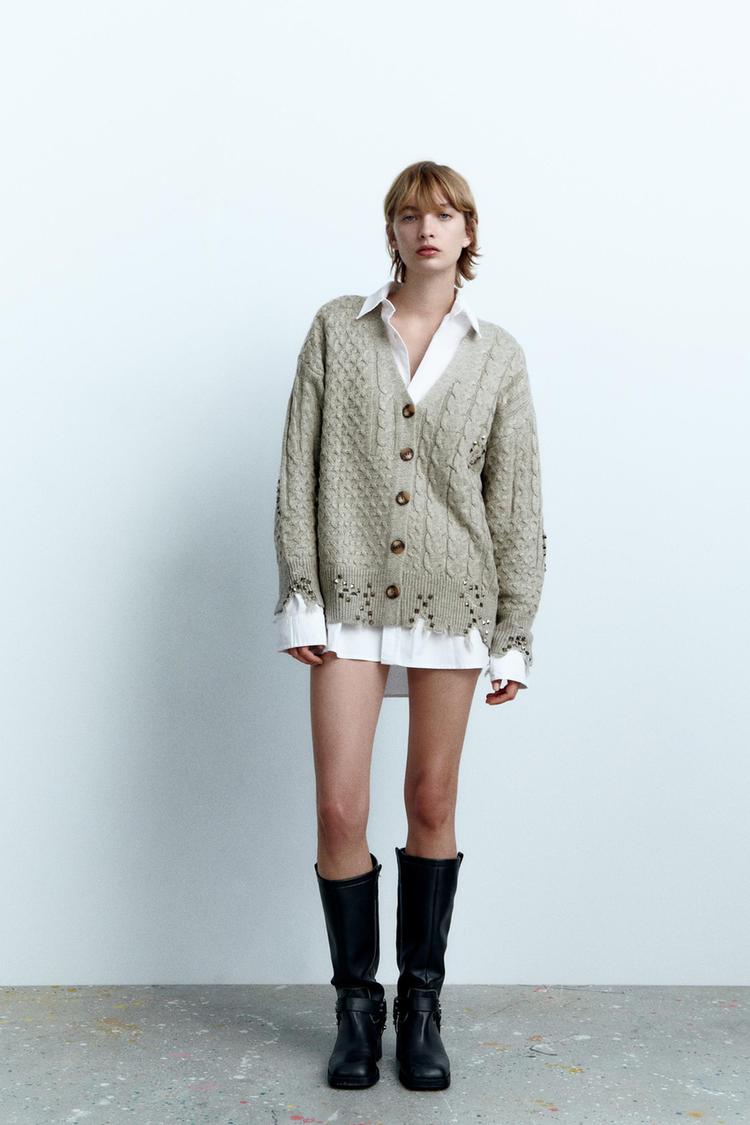 STUDDED BRAIDED KNIT CARDIGAN