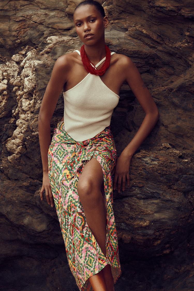 PRINTED MIDI SKIRT WITH KNOT DETAIL