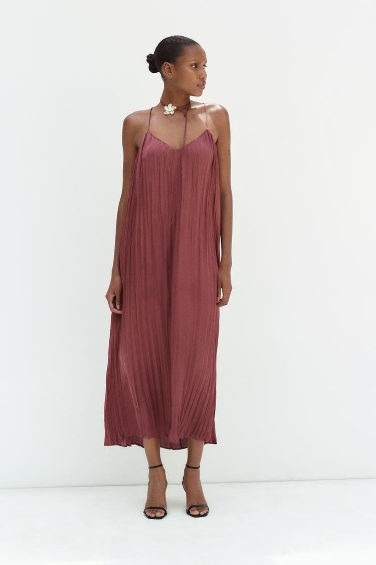 WRINKLED-EFFECT MIDI SLIP DRESS