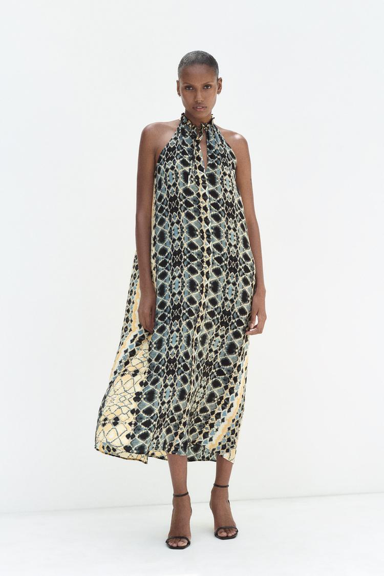 FLOWING PRINTED HALTER DRESS