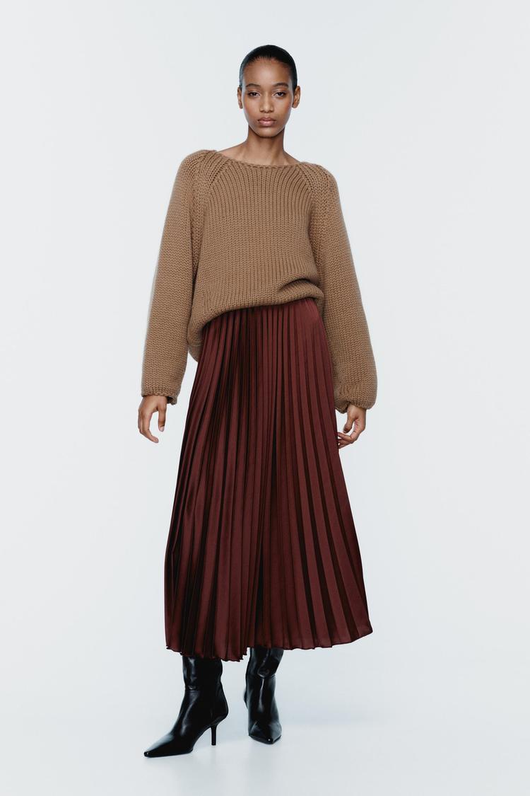 SATIN EFFECT PLEATED MIDI SKIRT