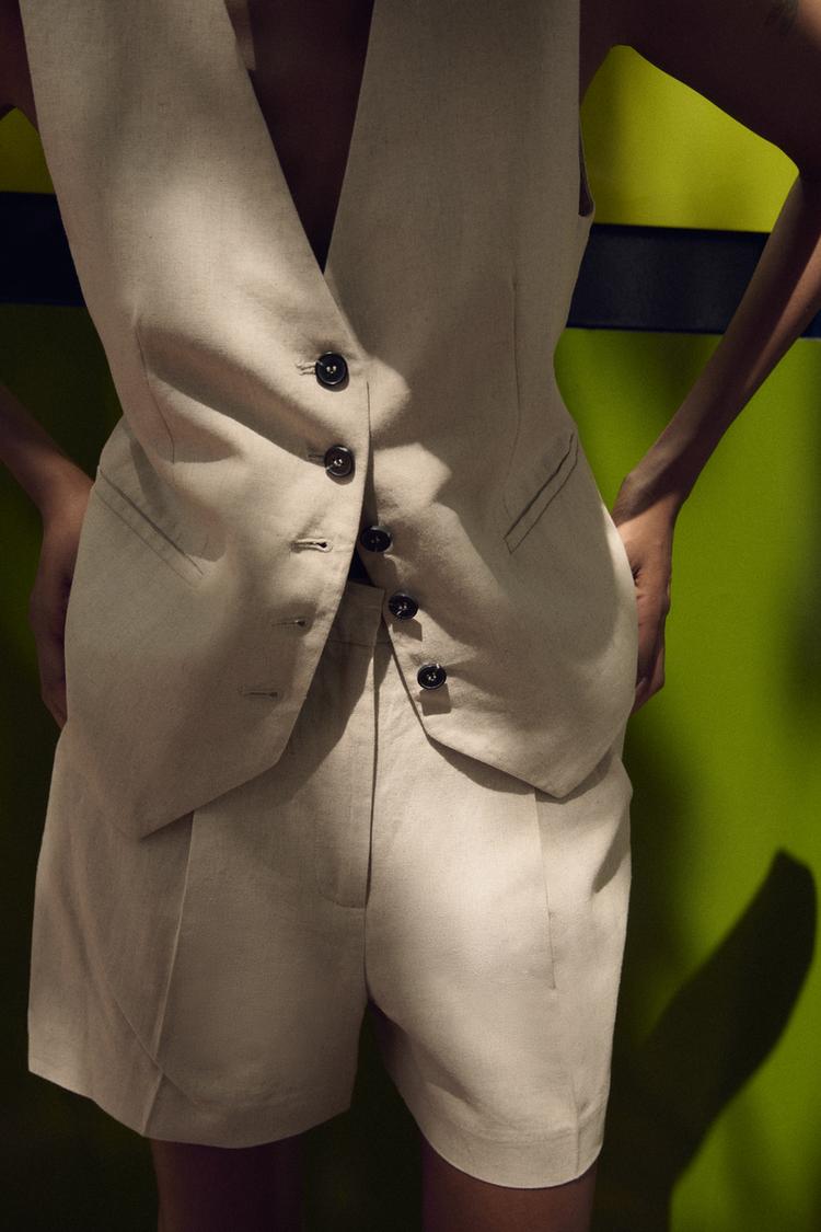 LINEN BLEND HIGH-WAIST BERMUDA SHORTS