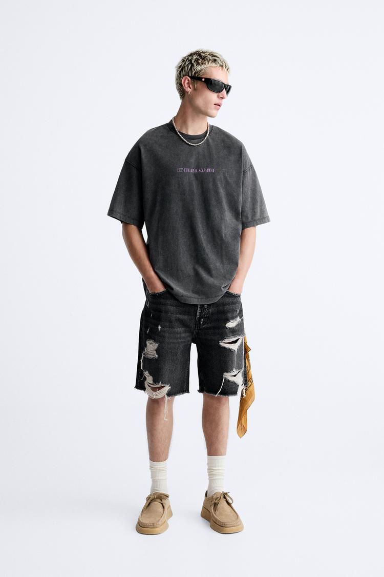 ACID WASH T-SHIRT WITH SLOGAN