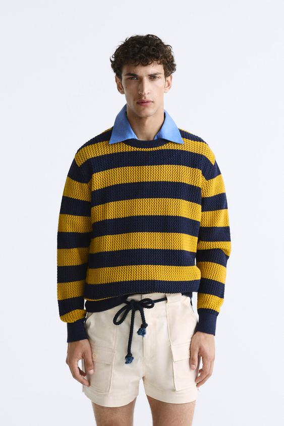 TEXTURED SWEATER WITH STRIPES Navy blue ZARA New Zealand