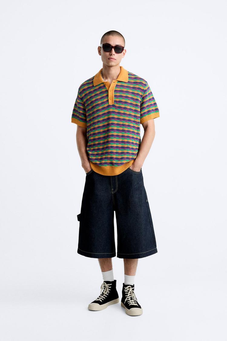 TEXTURED GEOMETRIC PRINT KNIT POLO SHIRT