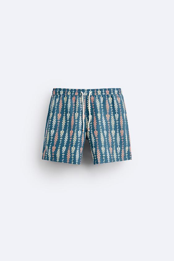 LONG GEOMETRIC PRINT SWIMMING TRUNKS Blue ZARA Australia