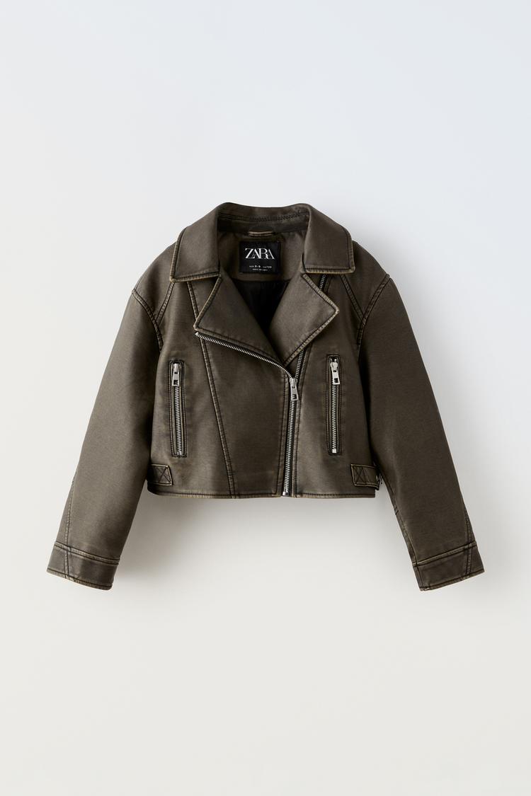 WASHED EFFECT FAUX LEATHER BIKER JACKET