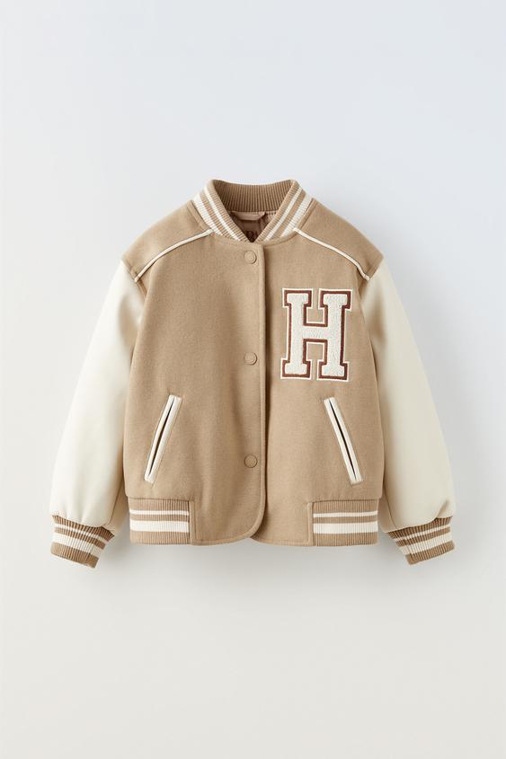 CAZADORA BOMBER VARSITY COMBINADA Camel claro ZARA Chile