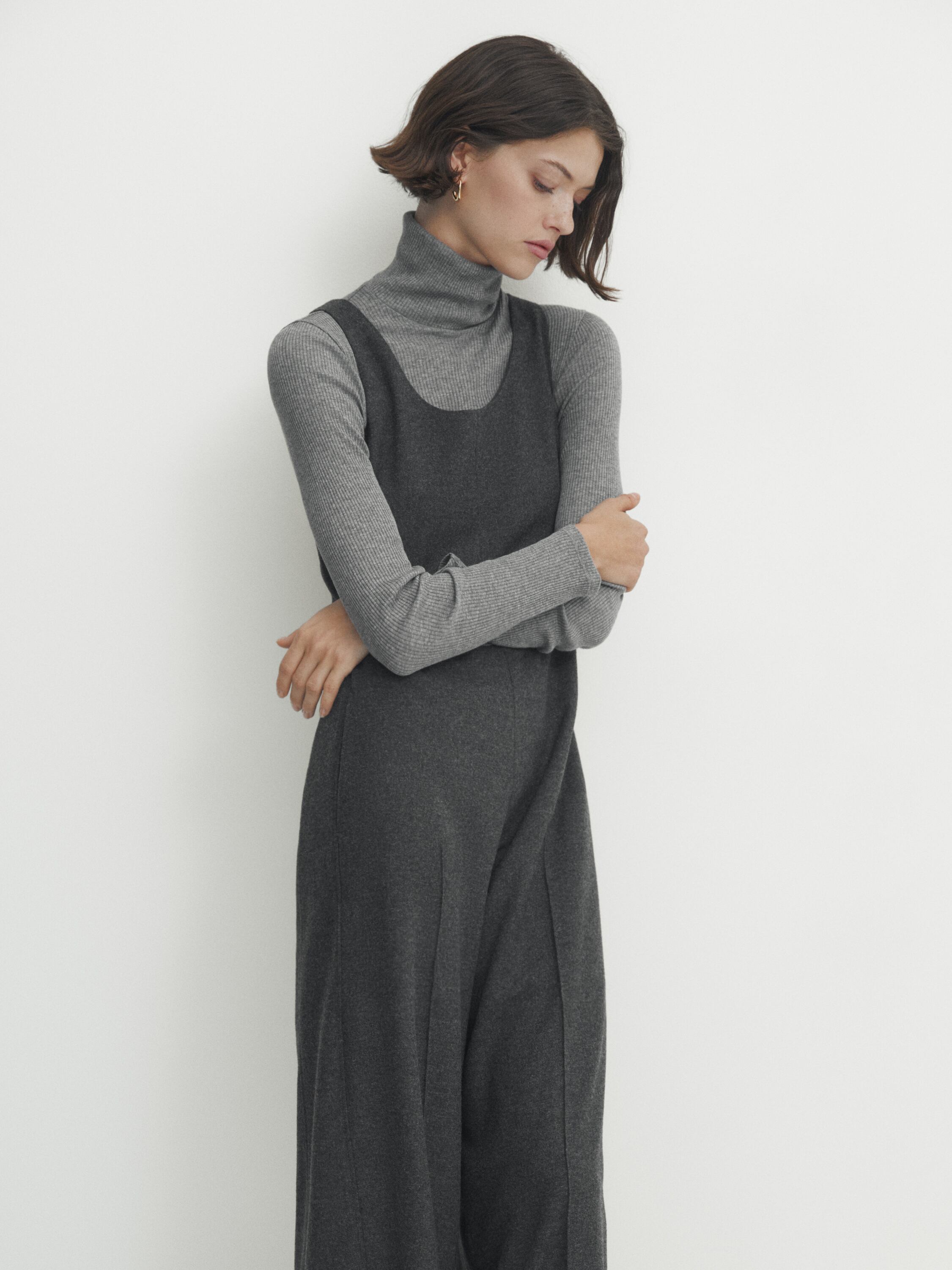 Wide-leg long wool jumpsuit
