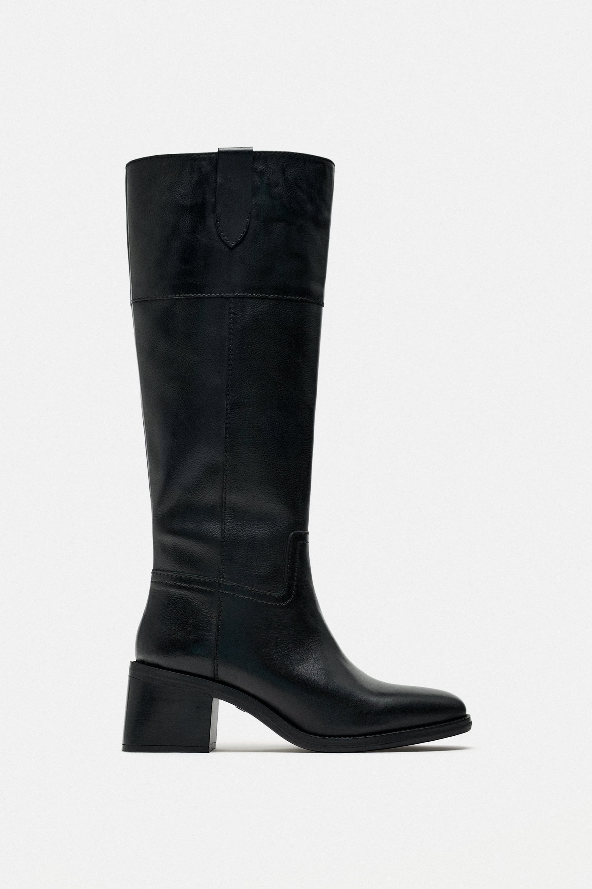 KNEE HIGH MID HEIGHT HEELED LEATHER BOOTS