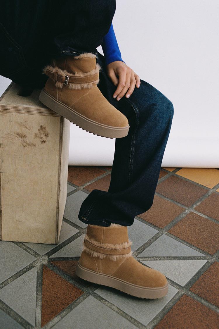 FLAT LEATHER FUZZY ANKLE BOOTS