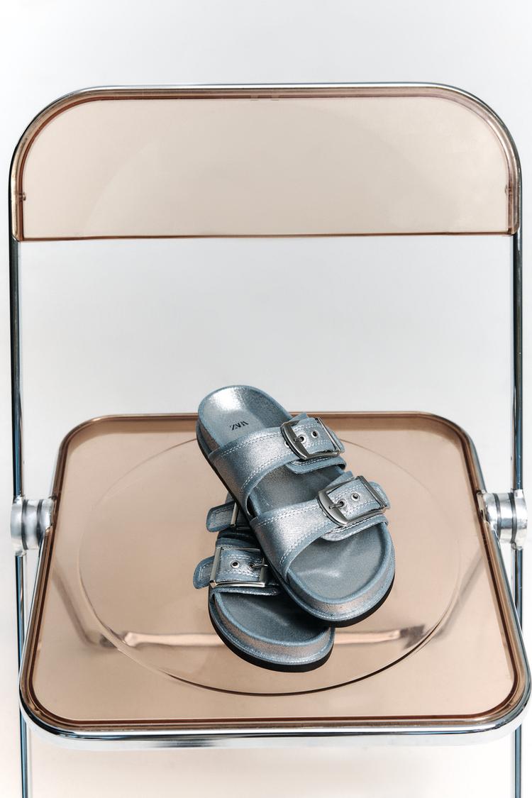 DENIM FLAT SLIDER SANDALS WITH BUCKLES